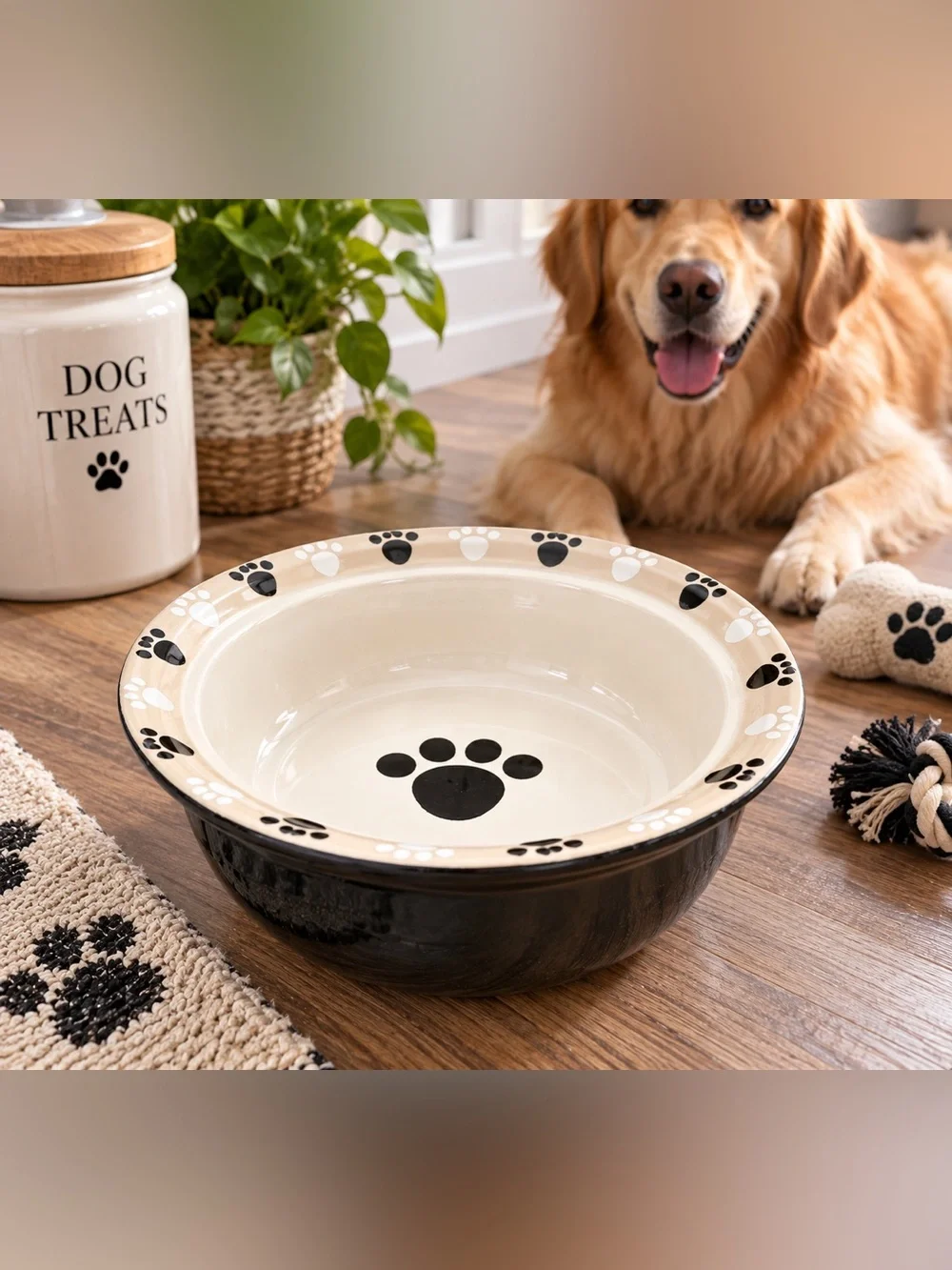 Large Ceramic Dog Bowl 9” Black Cream Paw Print Heavy Pet Dish